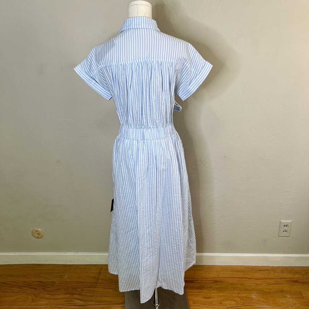 Lulus Blue White Striped Seersucker Tie Collared Midi Dress Size Small NWT - Picture 5 of 11